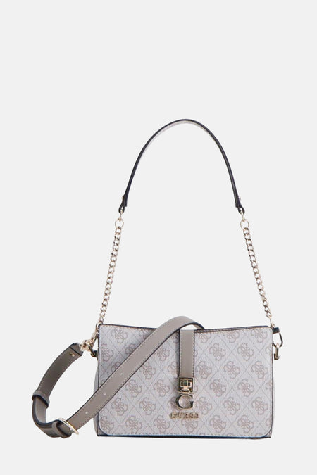 Sac bandoulière beige de Guess avec imprimé logo et détails dorés sur la bande.