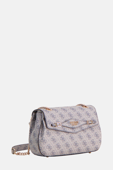 Sac à dos bleu de Guess avec un motif all-over et des détails de chaîne d'or.