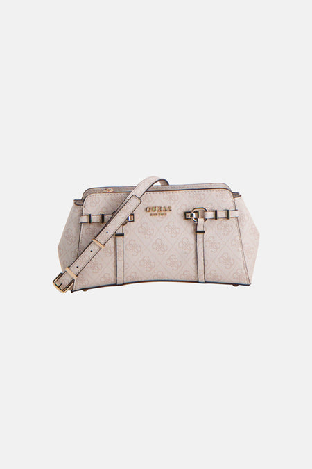 Sac à bandoulière beige Guess avec motif monogramme intégral et fermeture éclair au dos, vu de dessus.