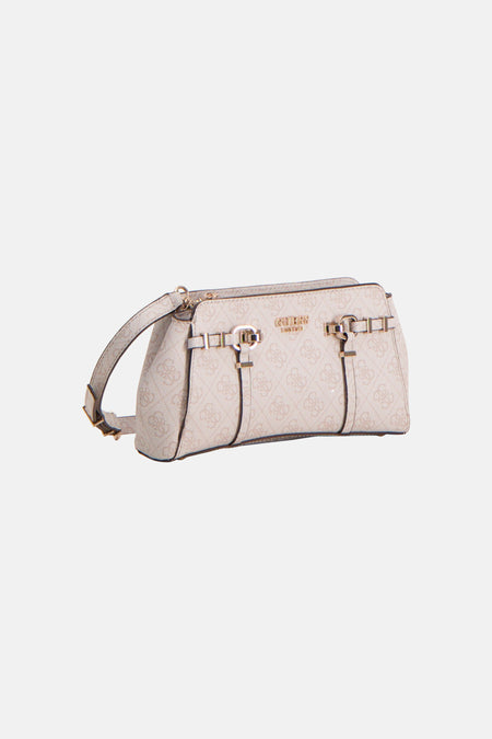 Sac à bandoulière beige Guess avec motif monogramme, détails dorés et bandoulière.