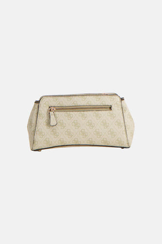 Groene schoudertas van Guess, met een patroon van logo's en een ritssluiting.
