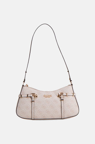 Sac à bandoulière beige Guess® avec un motif logo intégral et des détails noirs.