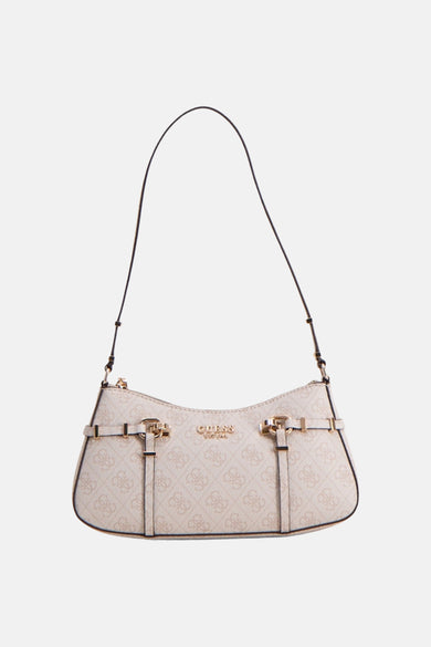 Sac à bandoulière beige Guess® avec un motif logo intégral et des détails noirs.