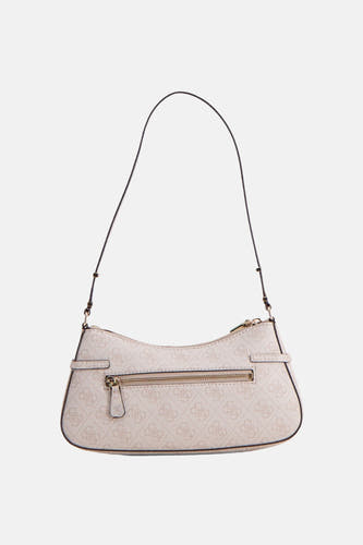 Beige schoudertas van Guess® met een all-over logo patroon en zwarte details.