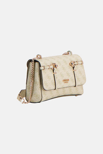 Sac à bandoulière vert Guess, avec motif logo et bandoulière chaîne dorée.