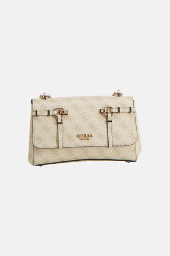 Sac à bandoulière vert Guess, avec un motif logo et des détails dorés sur les anses.