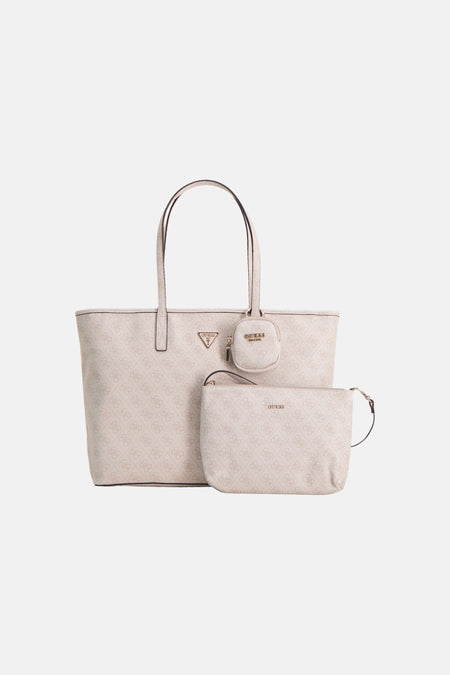 Sac à bandoulière beige Guess, avec un imprimé logo intégral et une poche avant zippée.