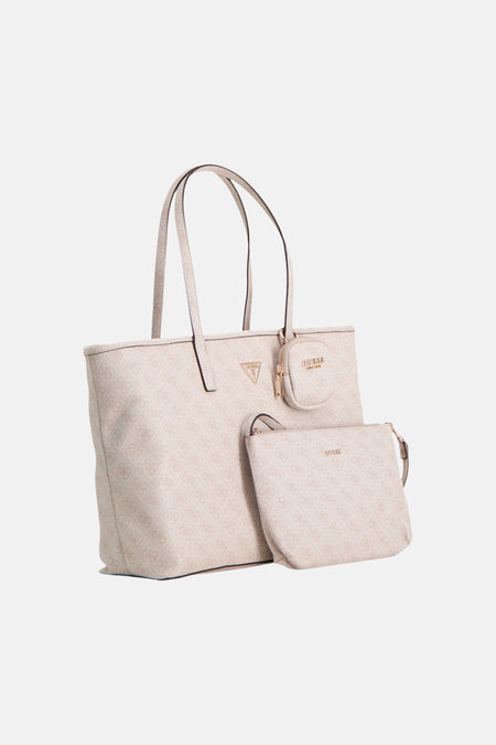 Sac à bandoulière beige Guess, avec un motif logo intégral, une pochette amovible et une petite bourse.