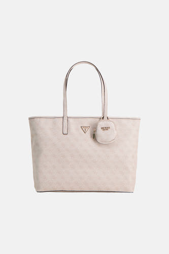 Sac à bandoulière beige Guess, avec imprimé logo intégral et une pochette amovible à la bandoulière.