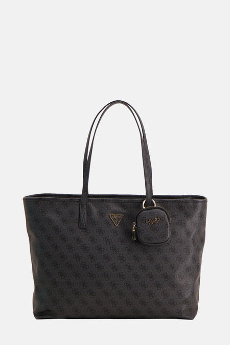 Sac à dos noir de Guess avec imprimé logo partout et un petit sac amovible sur la bandoulière.