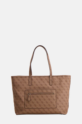 Bruine schoudertas van Guess, met all-over logoprint en een ritsvak aan de voorkant.
