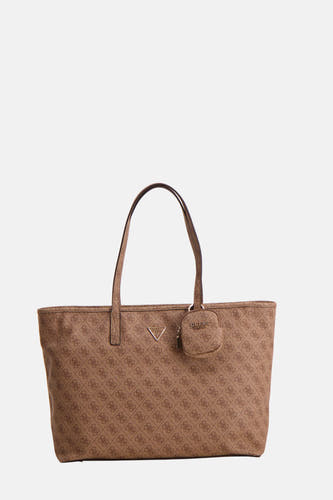 Sac à dos brun de Guess avec une impression de logo intégrale et un petit étui amovible.