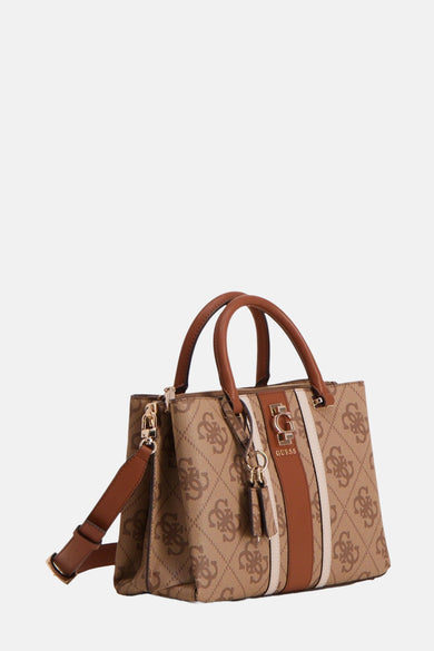 Sac à main Guess marron avec un logo imprimé et des anses marrons.