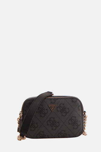 Sac à dos noir de Guess avec un motif logo partout et une ceinture en chaîne d'or.