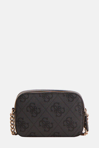 Zwarte schoudertas van Guess met een all-over logo motief en een gouden kettingriem.
