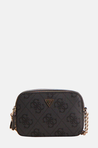 Sac à dos noir de Guess, avec un imprimé logo intégral et une chaîne d'or comme bandoulière.