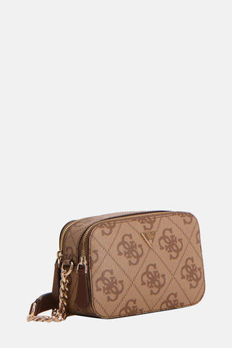 Sac à dos brun de Guess avec un motif logo et des détails de chaîne dorée.