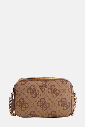 Sac à dos brun de Guess avec un motif monogramme et une ceinture en chaîne d'or.