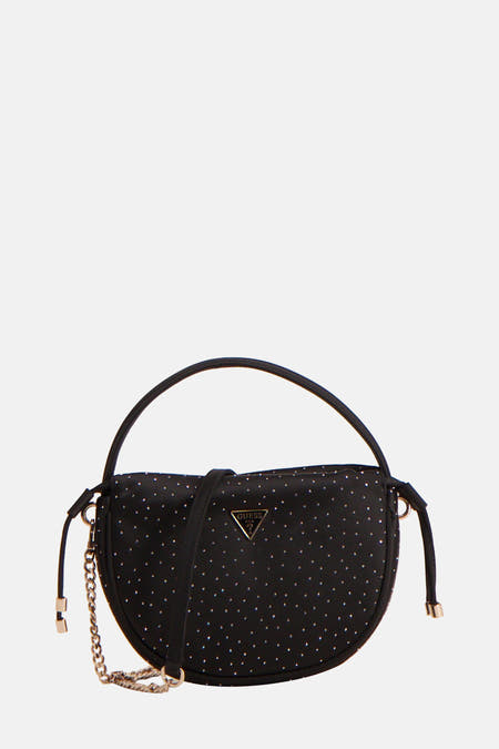 Sac à main noir de Guess, orné de subtiles strass et doté d'une poignée ronde.