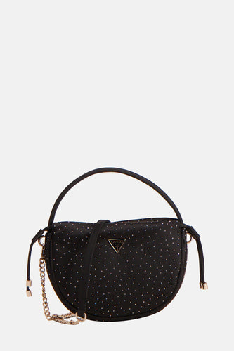 Zwarte Guess handtas met studs en gouden details.
