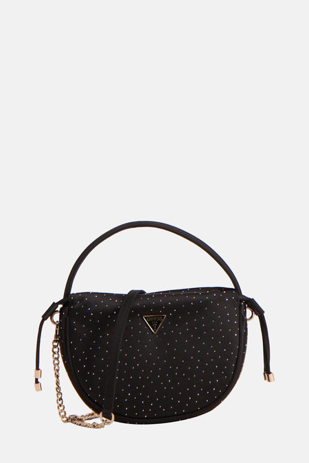 Zwarte Guess handtas met studs en gouden details.
