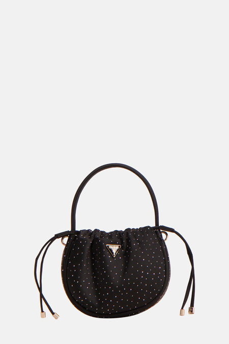 Zwarte Guess-handtas met zilverkleurige stippen.