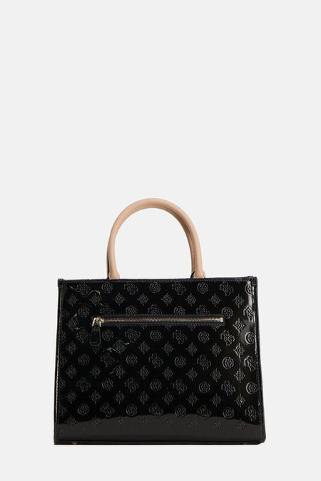 Sac à main noir de Guess avec un motif logo subtil et des anses beige.