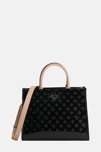 Sac à main noir de Guess avec motif logo partout et poignée beige beige bandoulière.