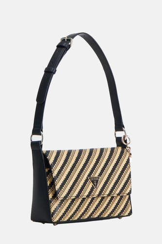 Sac à dos noir de Guess avec un motif à bandes sur la fermeture éclair et une sangle d'épaule ajustable.