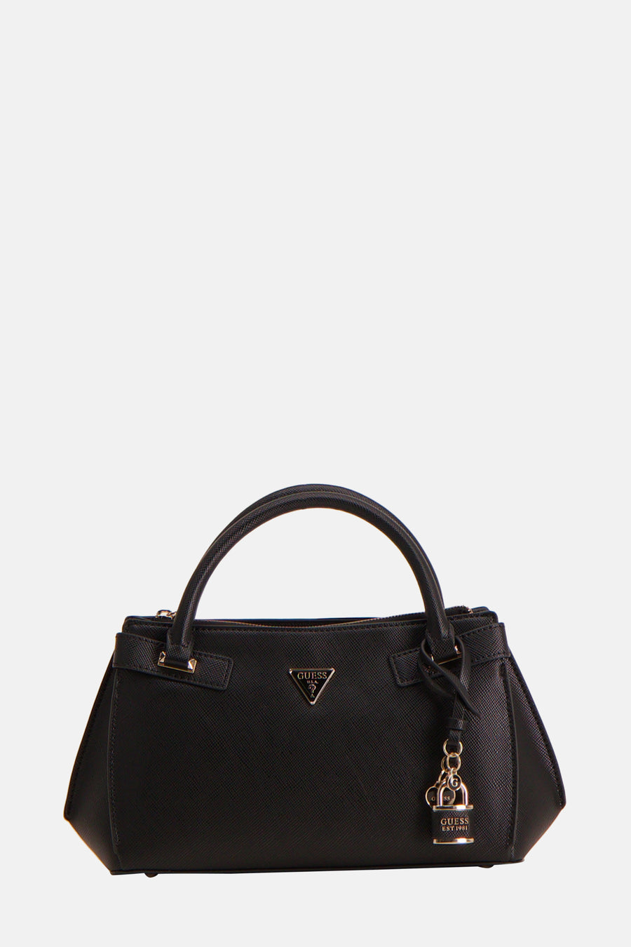Sac à main noir de Guess avec une anse et un pompon port le logo Guess.
