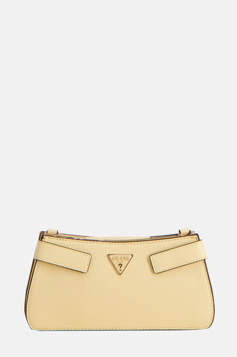 Sac à dos Guess de couleur jaune avec une texture lisse et un logo triangulaire.