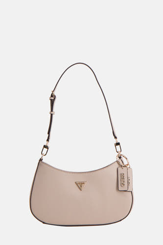 Sac à bandoulière beige de Guess, avec une bandoulière réglable et une fermeture éclair à l'arrière.