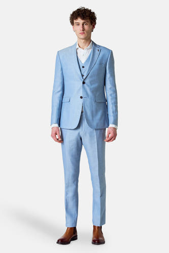 Pantalon de costume bleu Le Le Fabuxux Marcel de Bruxelles, combiné avec un costume coordonné et des chaussures marrons.