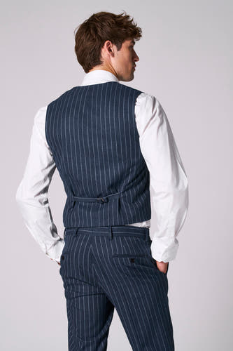 Blauw gilet van Le Fabuleux Marcel de Bruxelles, met krijtstrepen, rugaanzicht met verstelbare riem.