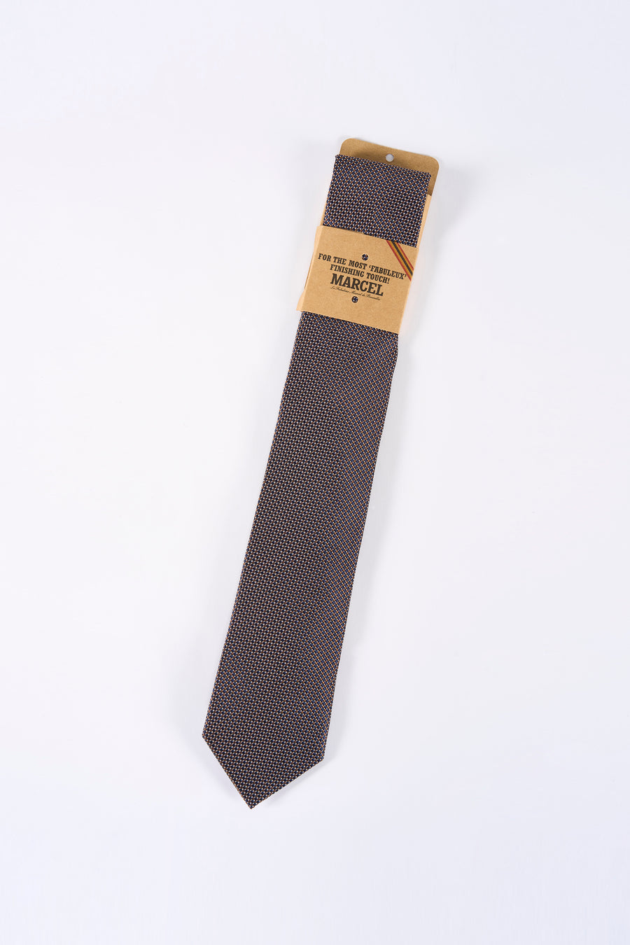 Donkerblauwe Marcel-stropdas met ruitpatroon.
