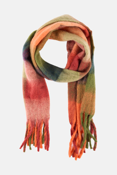 Écharpe multicolore Access® enroulée en spirale avec franges.