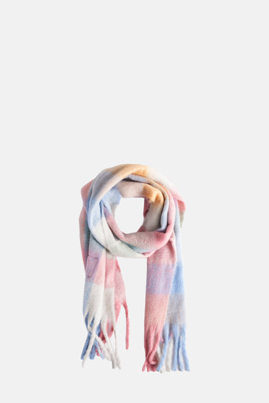 Écharpe d'hiver multicolore d'Access®, avec des tons pastel doux, un motif rayé et des franges.