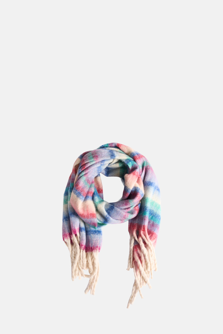 Geruite sjaal met franjes in pasteltinten.
