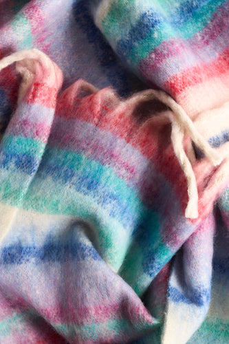 Gestreept, kleurrijk mohair deken met franjes.