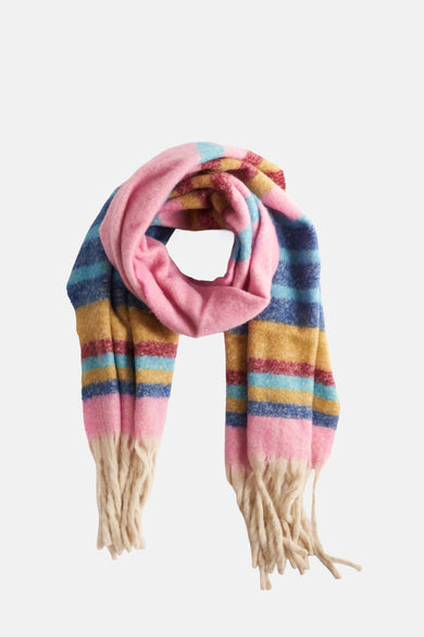 Chapeau d'hiver rose Access Access avec un motif un ray ray et et franges beige.