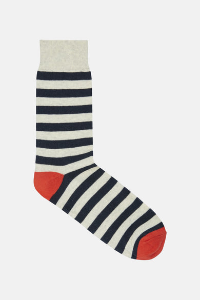 Chaussettes blanches ACCESSORIES BY JACK & JONES avec rayures bleues et talon et pointe rouges.