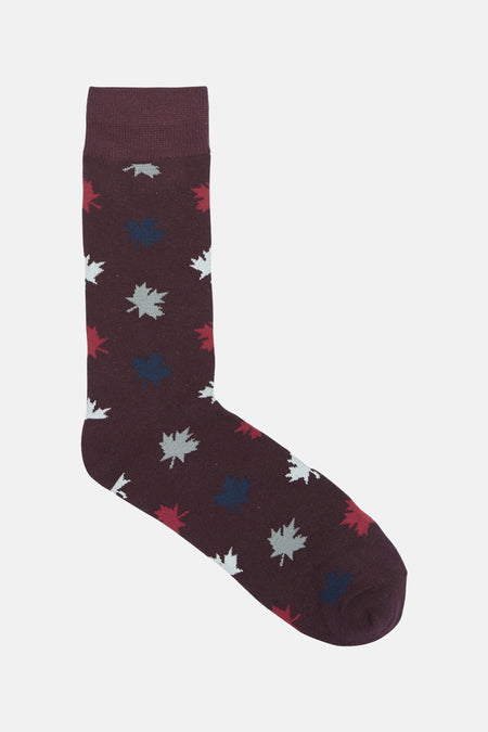 Chaussettes de Bordeaux d'ACCESSORIES BY JACK & JONES, avec un imprimé feuilles en rouge, blanc et bleu.