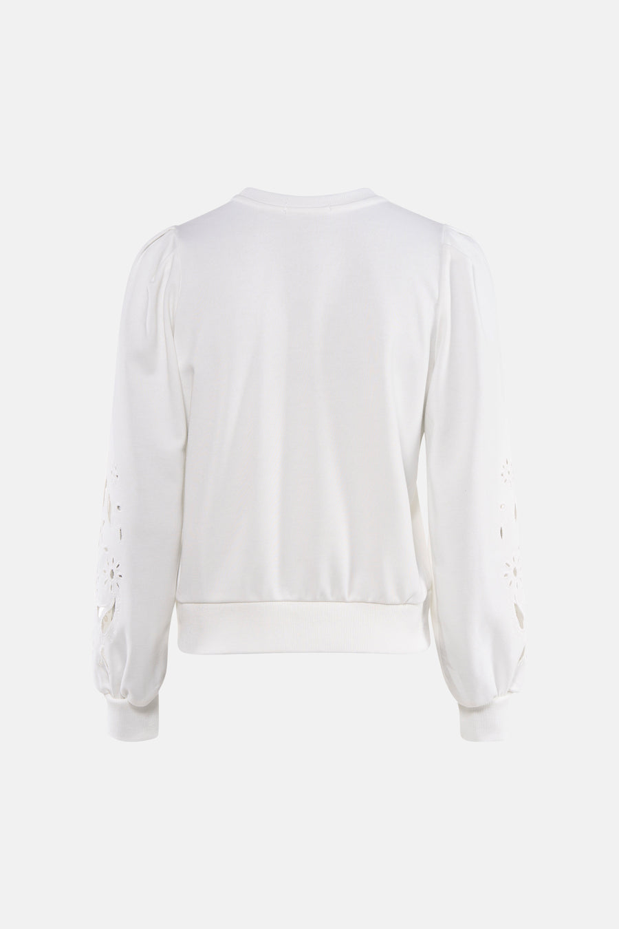 Pull blanc à col rond de HAILYS, à manches longues et motifs floraux décoratifs.