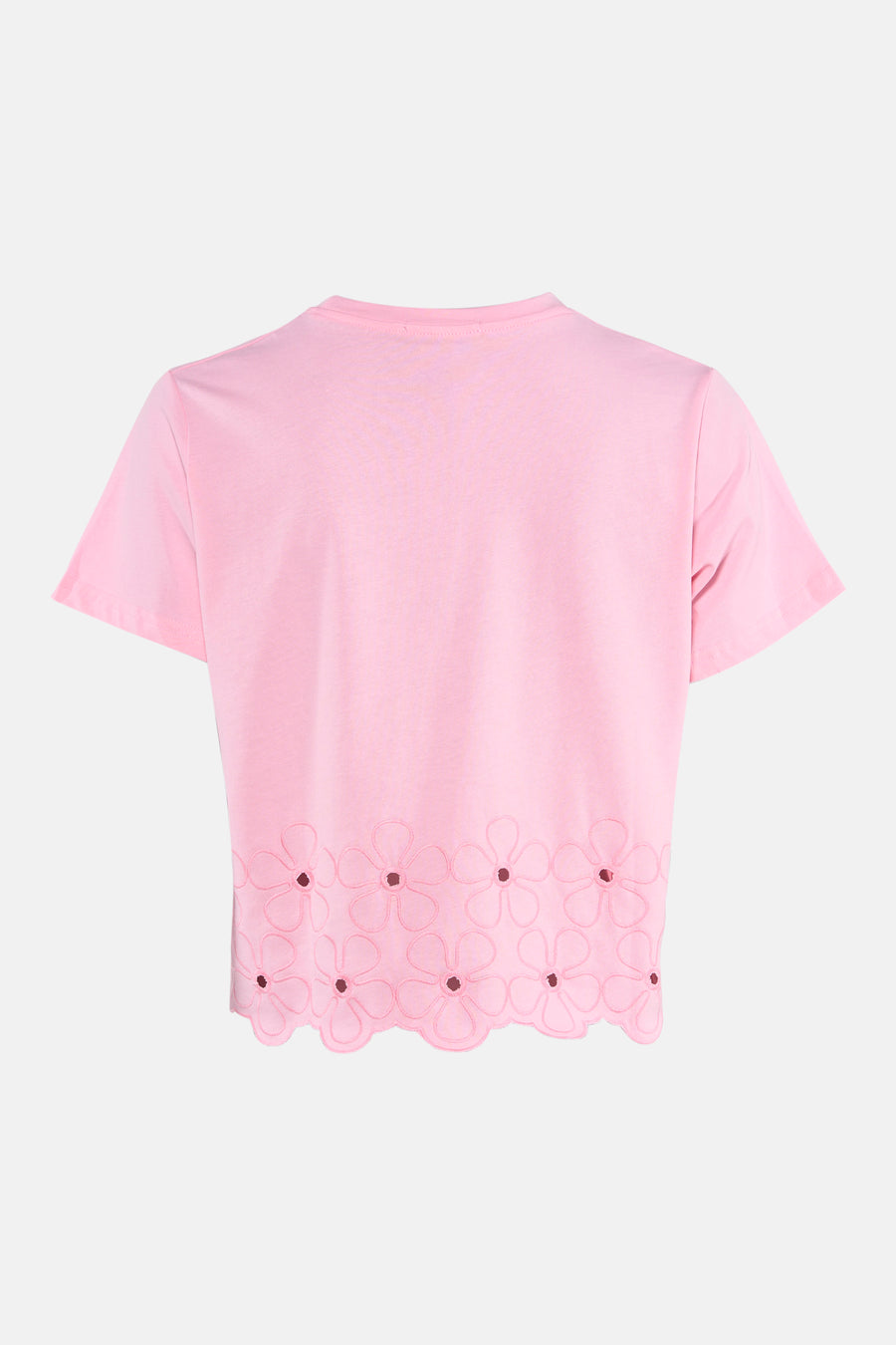 Roze T-shirt met korte mouwen van HAILYS, met bloemendetail aan de onderkant, op een witte achtergrond.
