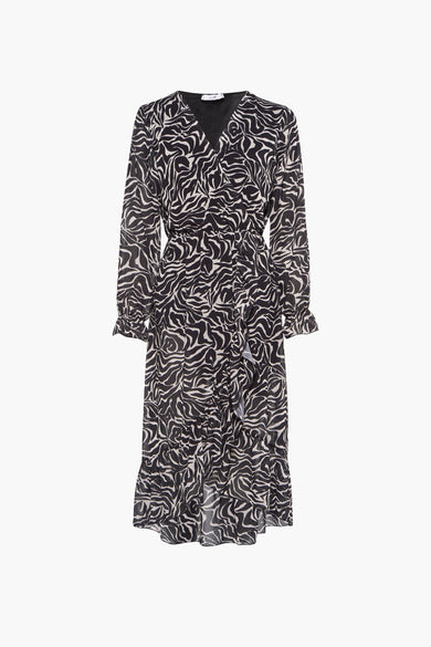 Robe noire à longues manches de HAILYS, avec un imprimé zèbre et un détail plissé, vue de derrière.