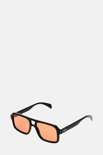 Lunettes de soleil noires KOMONO, avec des verres orange et un cadre rectangulaire.