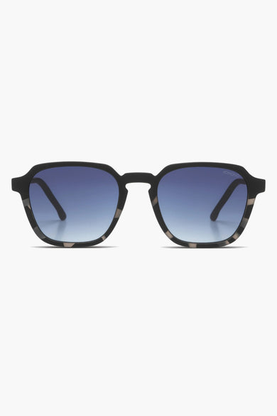 Lunettes de soleil noires KOMOMONO, avec des verres bleus et un cadre mêlé.