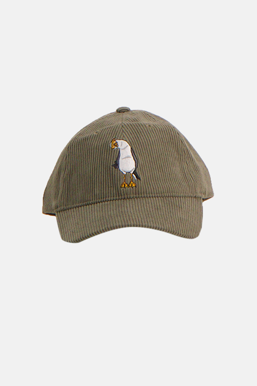 Casquette verte LAKOR avec texture velours côtelé et un motif d'oiseau brodé.