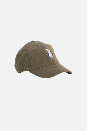 Casquette verte LAKOR, avec un oiseau brodé et une texture velours côtelé.