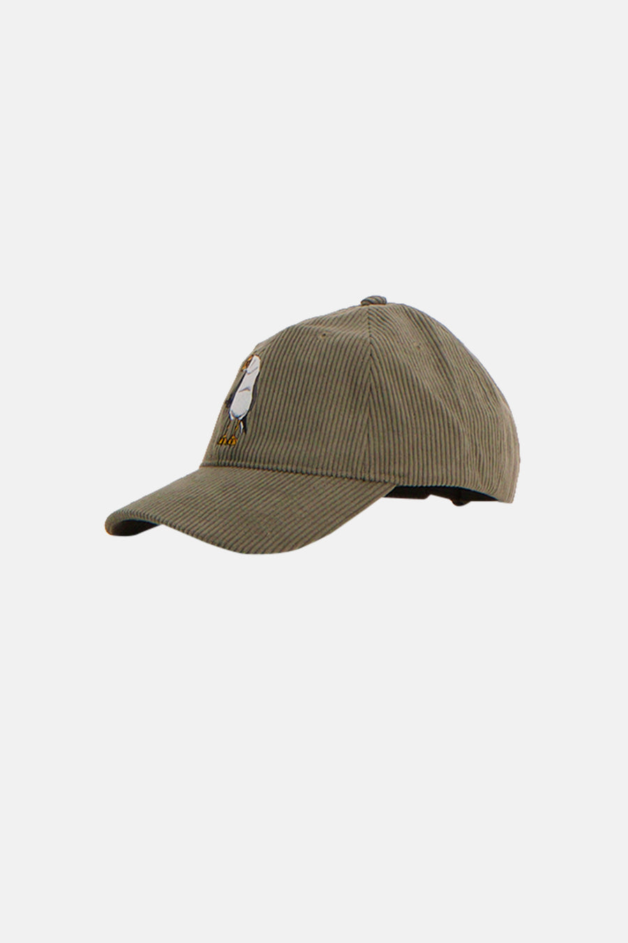 Casquette en velours côtelé vert de LAKOR, avec une image brodée d'un oiseau sur le devant.